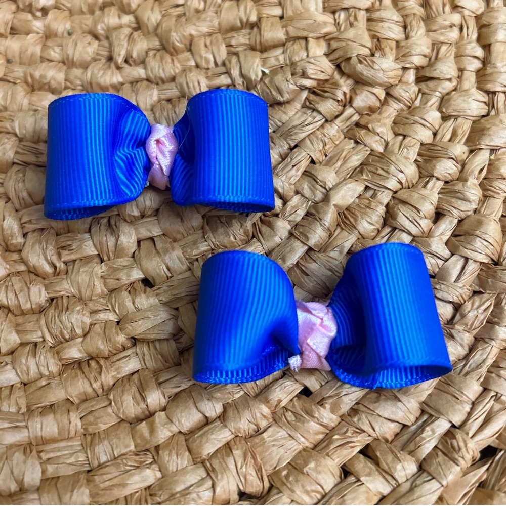 Mini hair bows, pair for piggy tails, blue & light pink. Boutique little girls